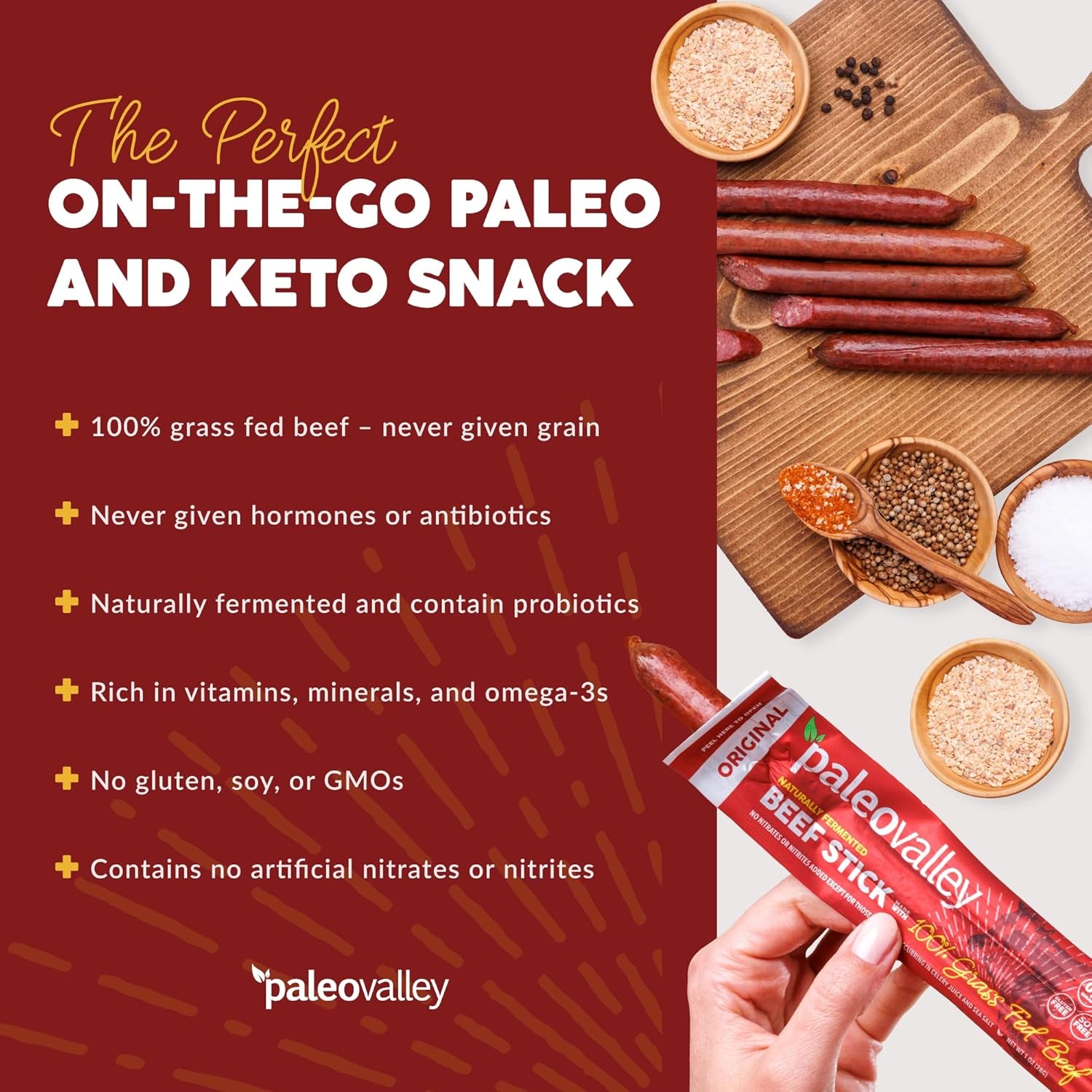 Paleovalley 100% Grass Fed Original Beef Sticks - Delicious Gluten Free Beef Snack