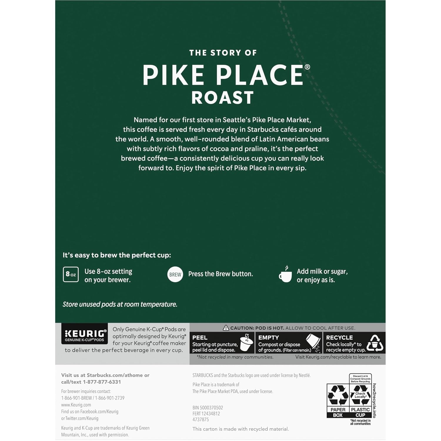 Starbucks K-Cup Coffee Pods, Medium Roast, Pike Place Roast