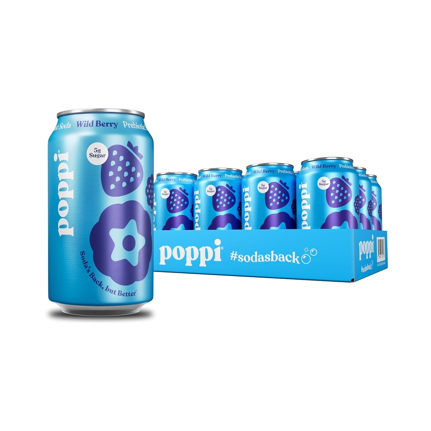 Poppi Sparkling Prebiotic Soda Beverage, Wild Berry Flavor, 12 oz, Pack of 12