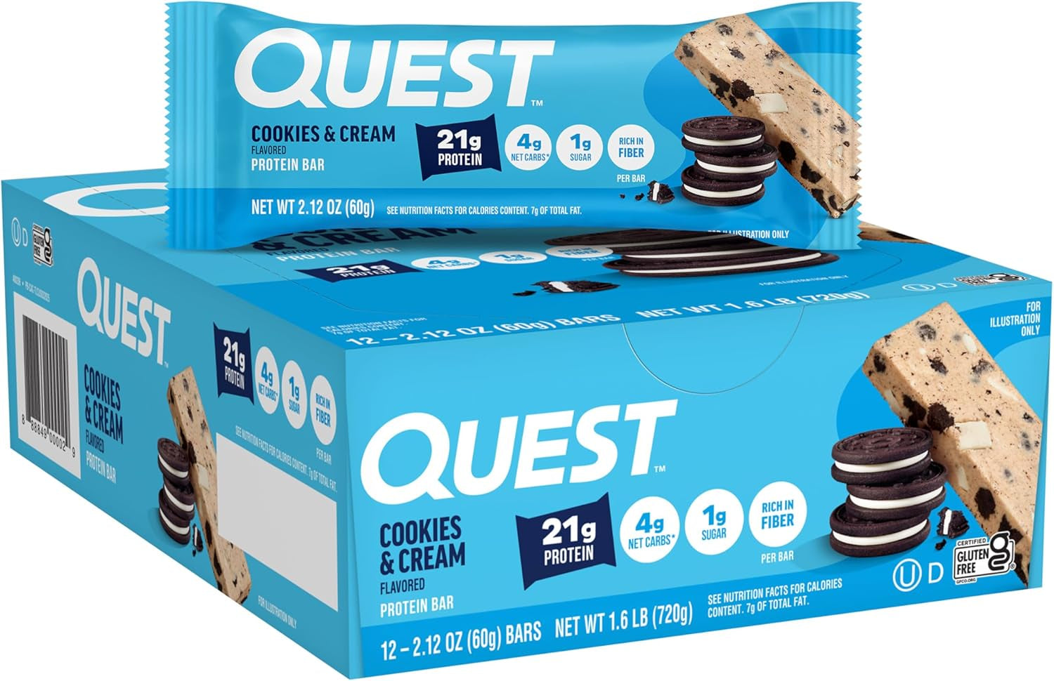 Quest Nutrition Cookies & Cream Protein Bars, 21G Protein, 12 Count