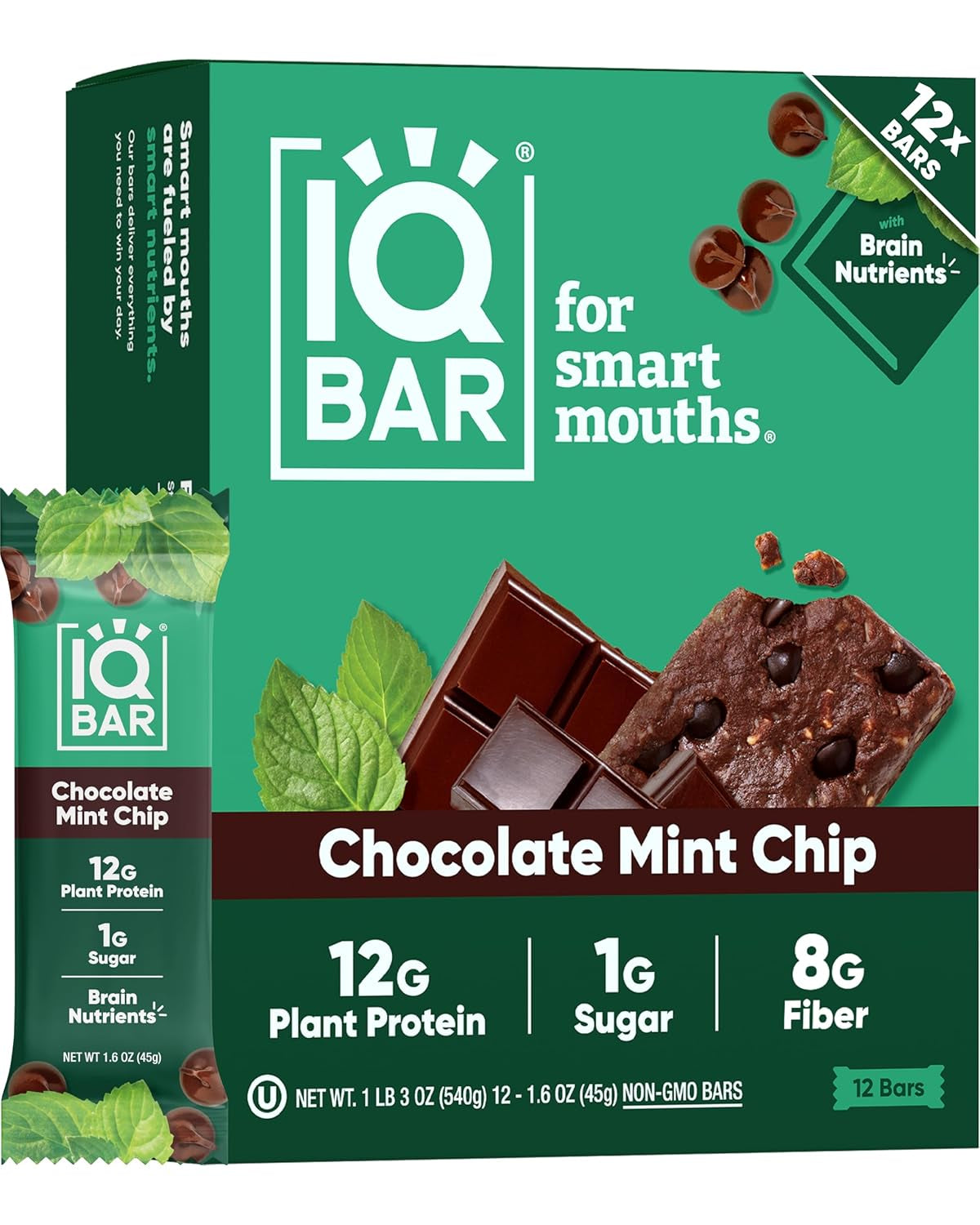 IQBAR Clean Plant Protein Bars - Chocolate Mint Chip - 12 Count