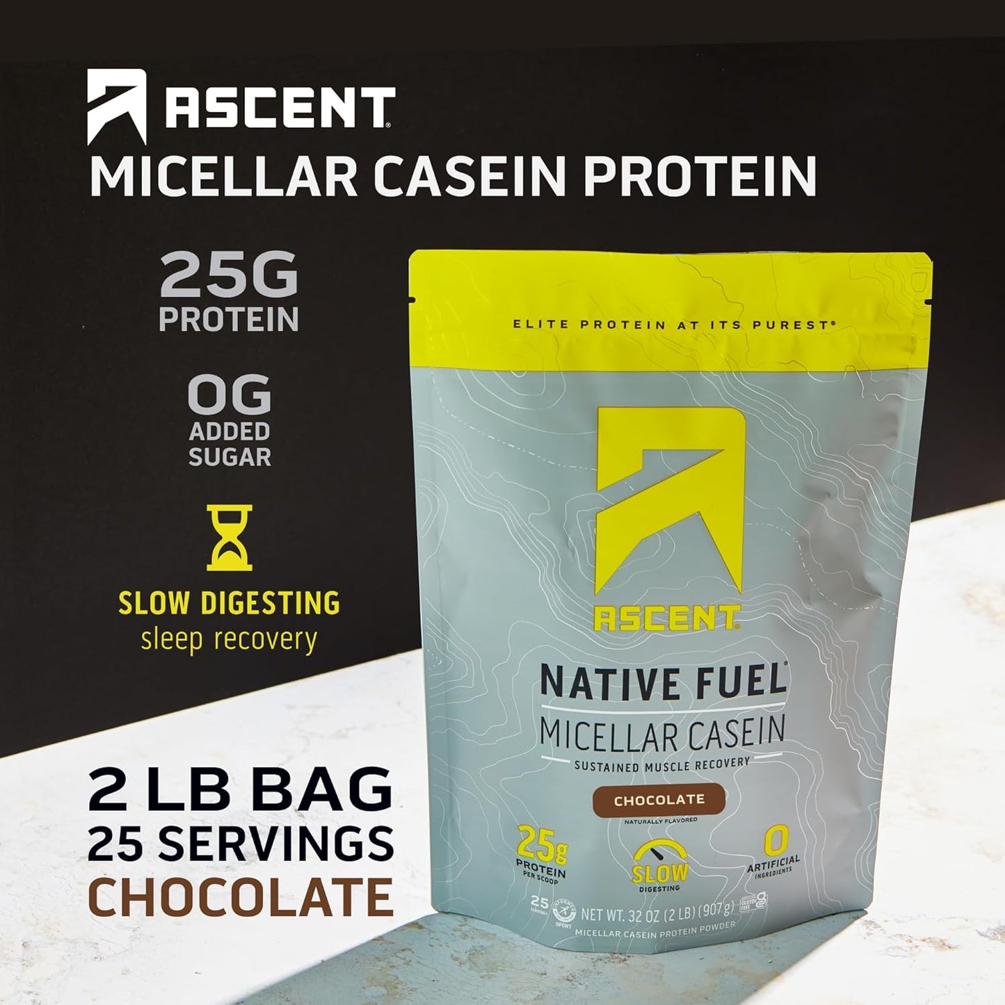 Casein Protein Powder - 25G Micellar Casein Powder with Zero Artificial Flavors & Sweeteners, Gluten-Free, No Added Sugar, 4.9G BCAA, 2.2G Leucine - Chocolate, 2 Pounds