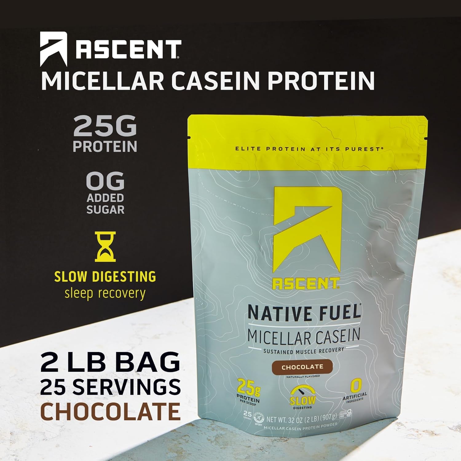 Casein Protein Powder - 25G Micellar Casein Powder with Zero Artificial Flavors & Sweeteners, Gluten-Free, No Added Sugar, 4.9G BCAA, 2.2G Leucine - Chocolate, 2 Pounds