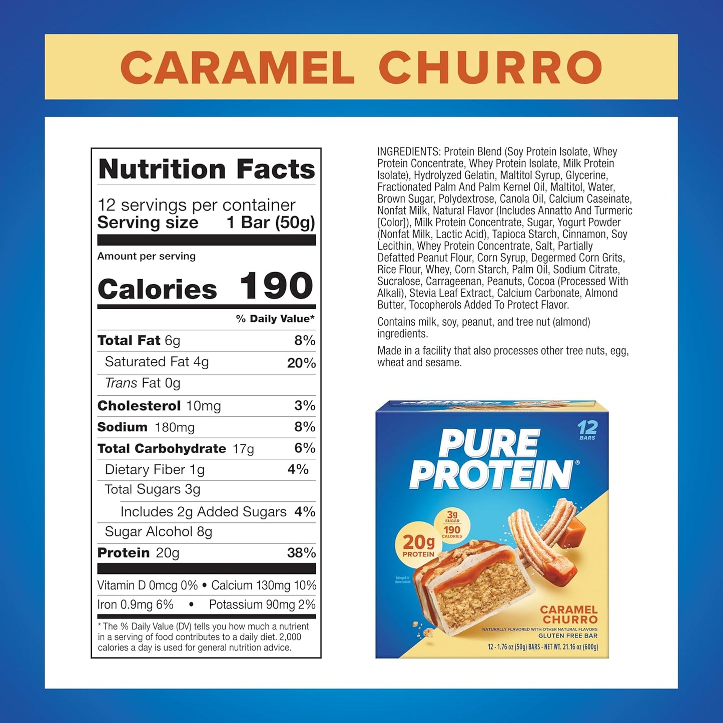 Pure Protein Caramel Churro Protein Bars – 20G Protein, 3G Sugar, 190 Calories (12 Count)