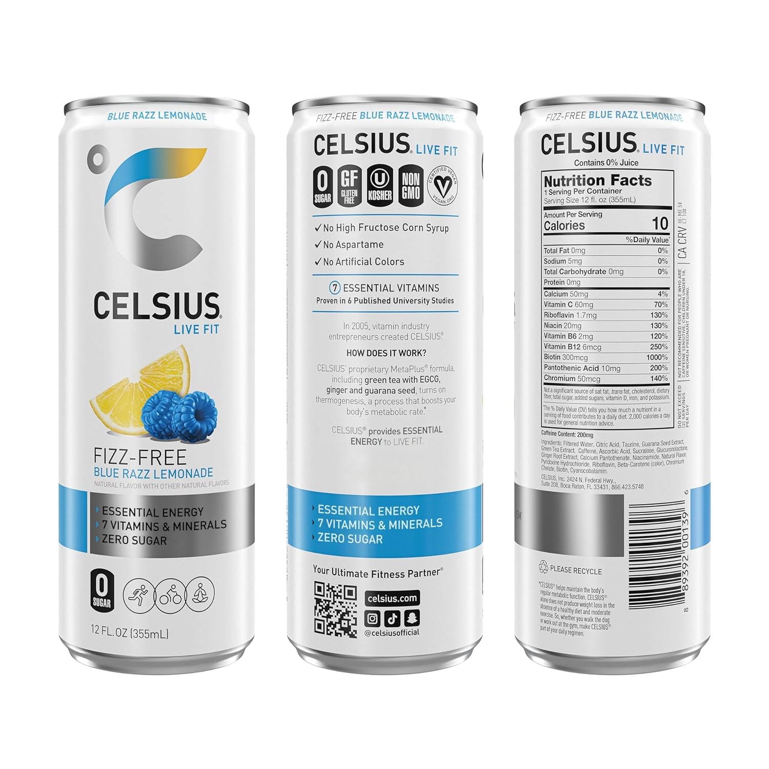 CELSIUS Fizz Free Blue Razz Lemonade, Sugar Free Energy Drink, 12 Fl Oz (Pack of 12)