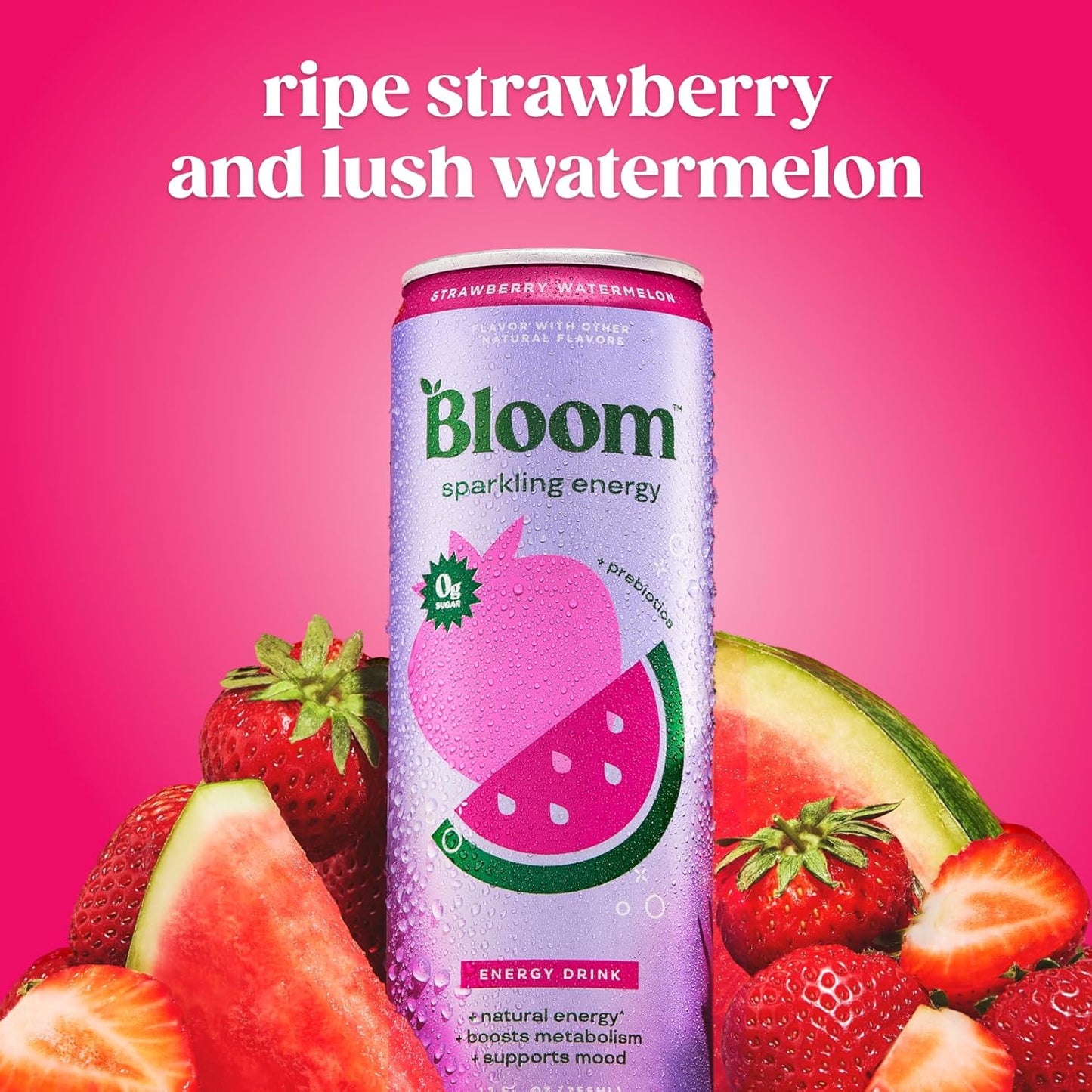 Bloom Nutrition Sparkling Energy Drink - Natural Caffeine, Zero Sugar, 180Mg Caffeine - Strawberry Watermelon - 12oz 12 Pack