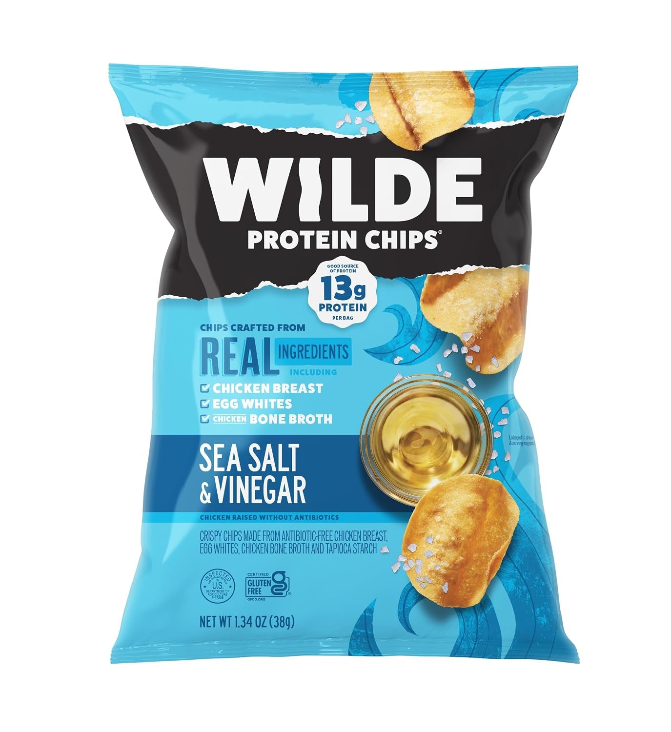 WILDE Protein Chips, Sea Salt & Vinegar, High Protein Snacks, Pack of 12