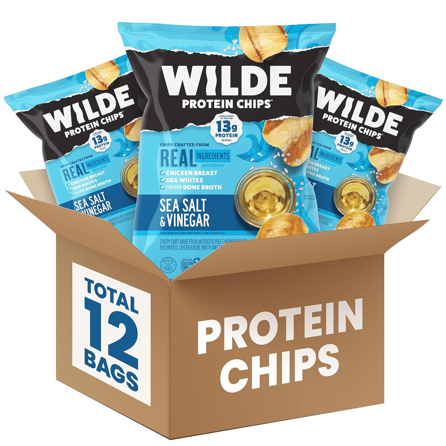 WILDE Protein Chips, Sea Salt & Vinegar, High Protein Snacks, Pack of 12