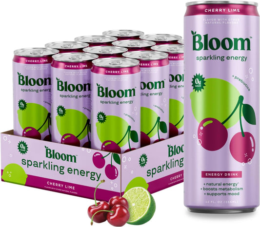 Bloom Nutrition Sparkling Energy Drink - Natural Caffeine, Zero Sugar, 180Mg Caffeine - Antioxidant-Rich W/Green Coffee Bean, Green Tea Extract, Prebiotics - Cherry Lime - 12Oz 12 Pk