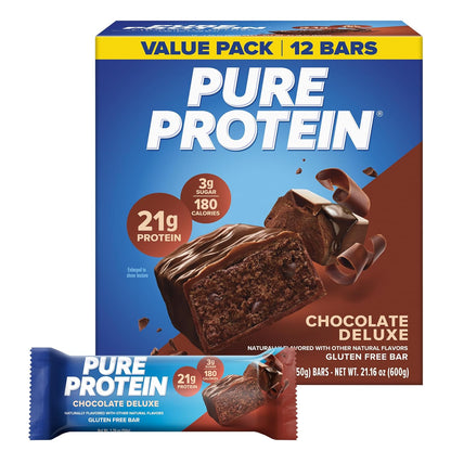Pure Protein Chocolate Deluxe Protein Bars – 21G Protein, 3G Sugar, 190 Calories (12 Count)