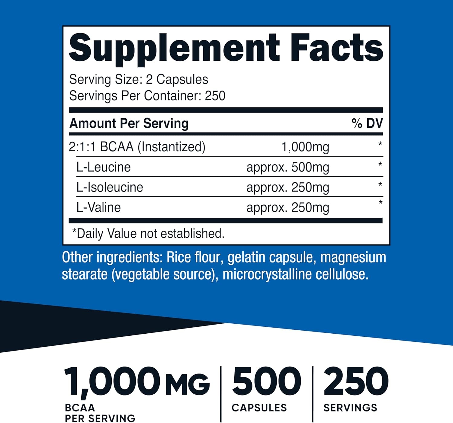 Nutricost BCAA 1000mg, 500 Capsules, 2:1:1 Branched Chain Amino Acids