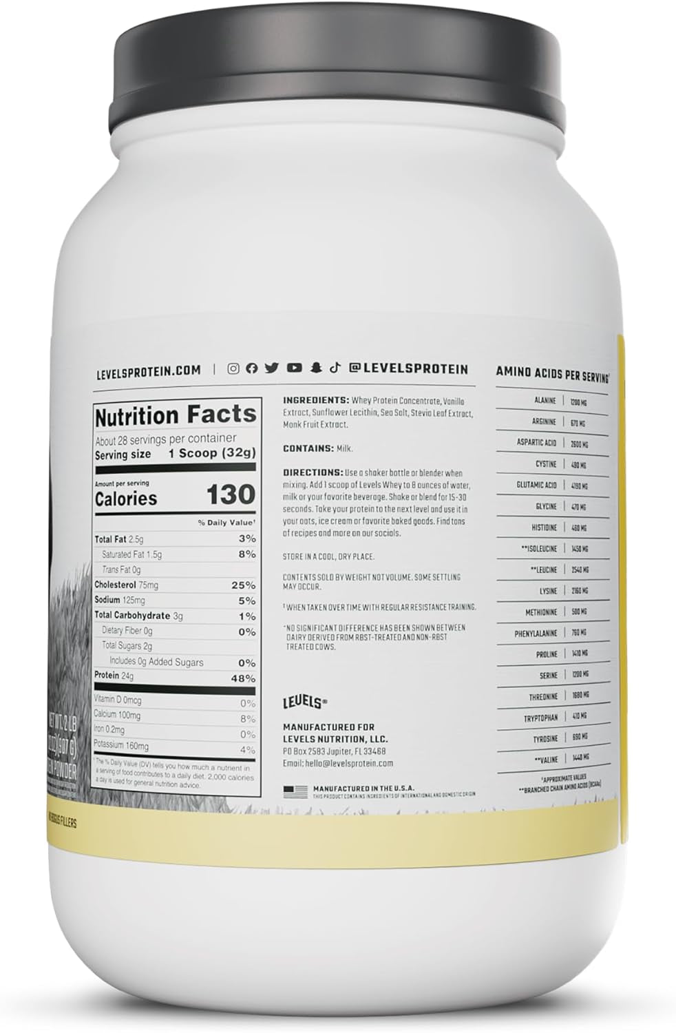 Levels Grass Fed Whey Protein Powder, No Artificials, 24G of Protein, 2LB
