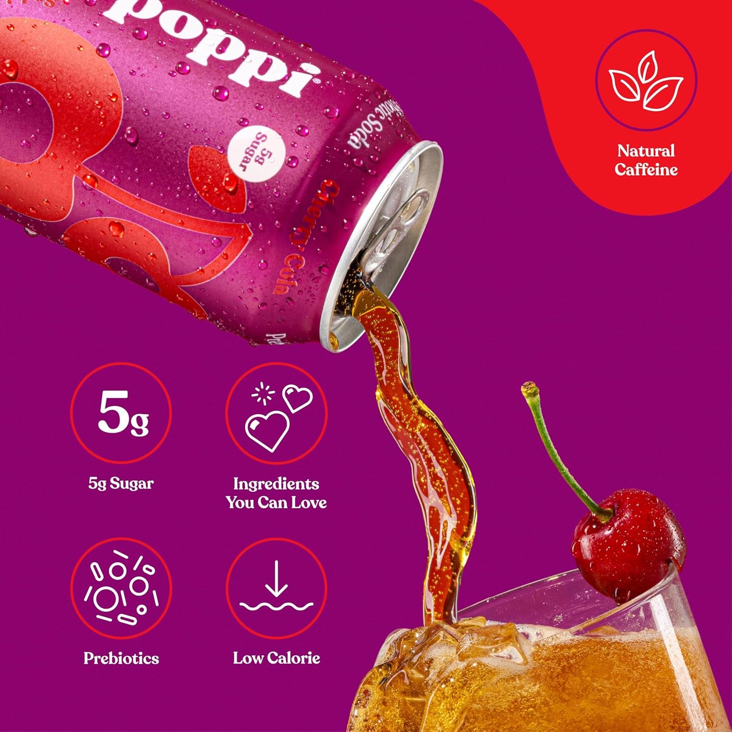 Poppi Sparkling Prebiotic Soda Beverage, Cherry Cola Flavor, 12 oz, Pack of 12