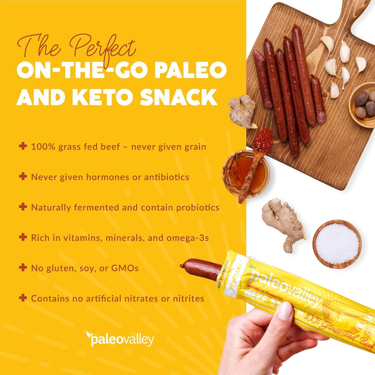 Paleovalley 100% Grass Fed Teriyaki Beef Sticks - Delicious Gluten Free Beef Snack