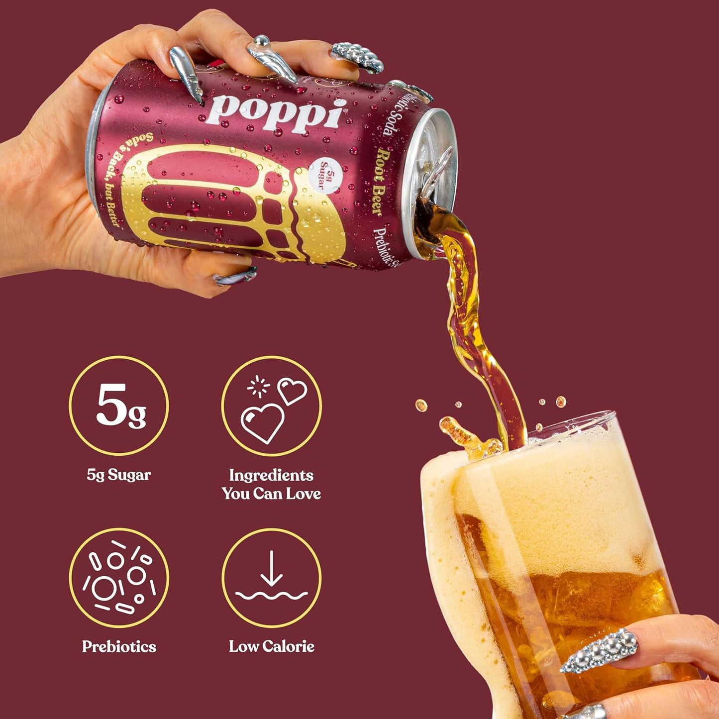 Poppi Prebiotic Soda, Sparkling Water & Fruit Juice, Root Beer, 12 oz, 12 Pack