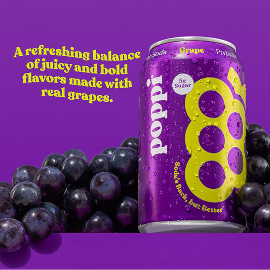 Poppi Sparkling Prebiotic Soda Beverage, Grape, 12 oz, 12 Pack