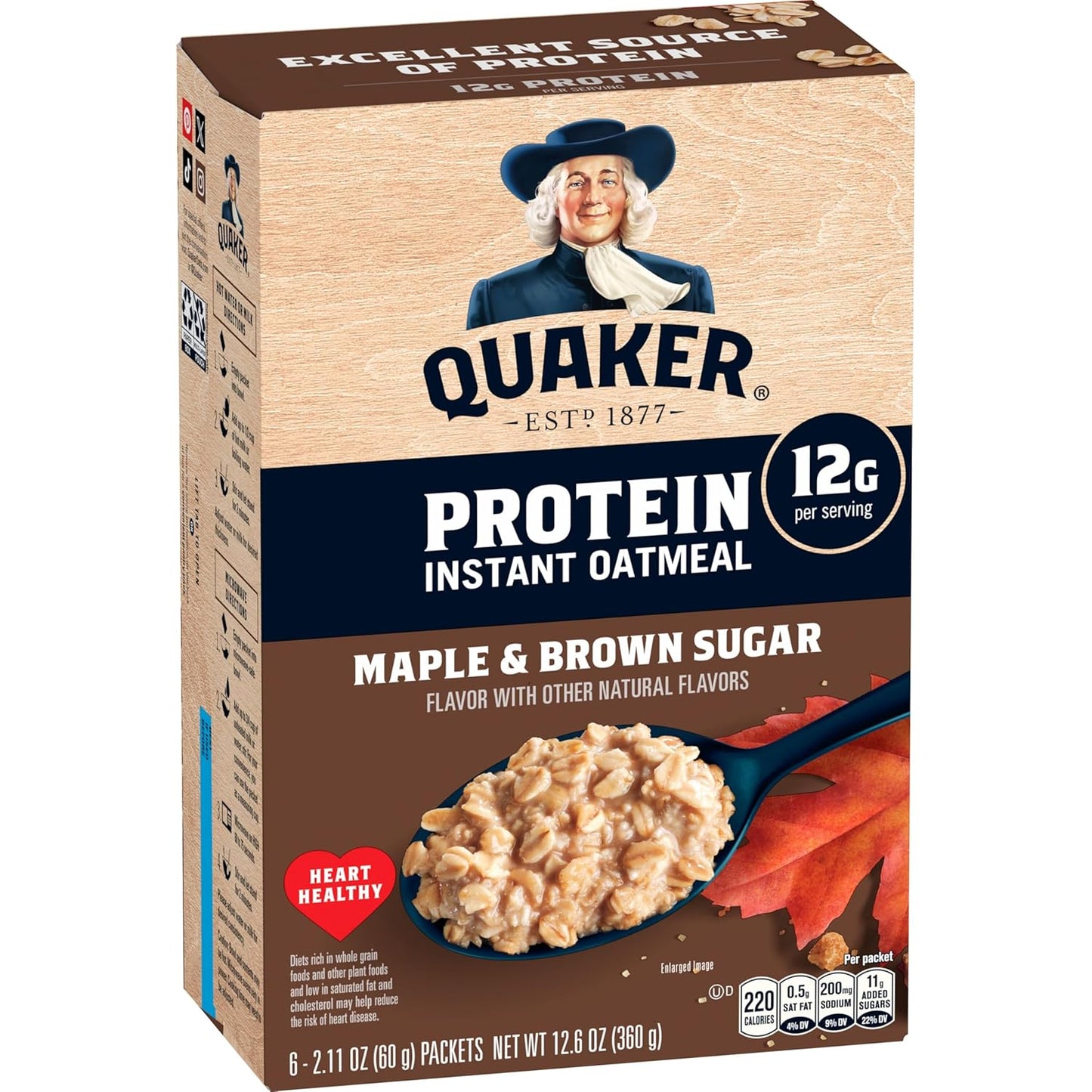 Quaker Protein Instant Oatmeal, Maple Brown Sugar, 12G Protein per Serving (6 Pack)