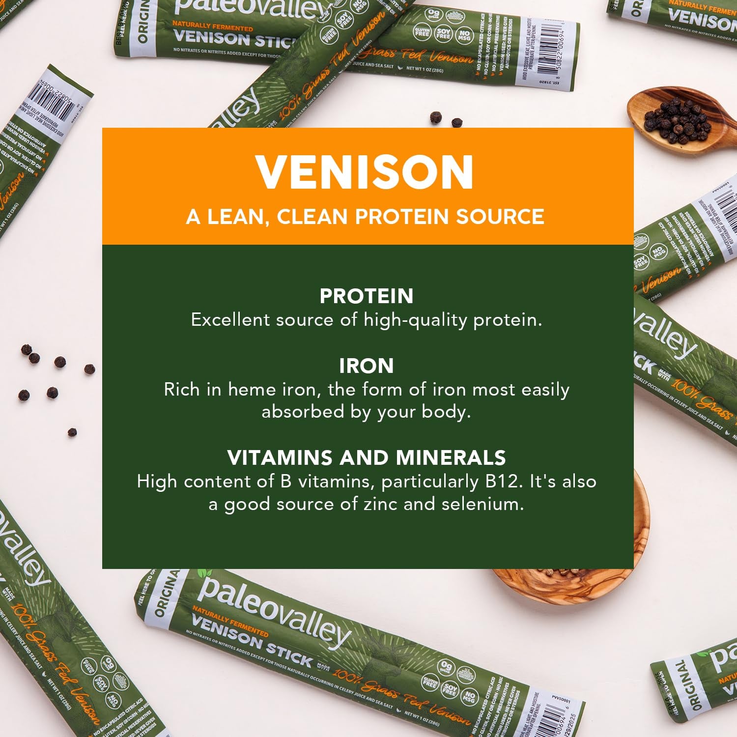 Paleovalley 100% Grass Fed Venison Sticks – Keto-Friendly, High Protein, Low-Calorie Snack