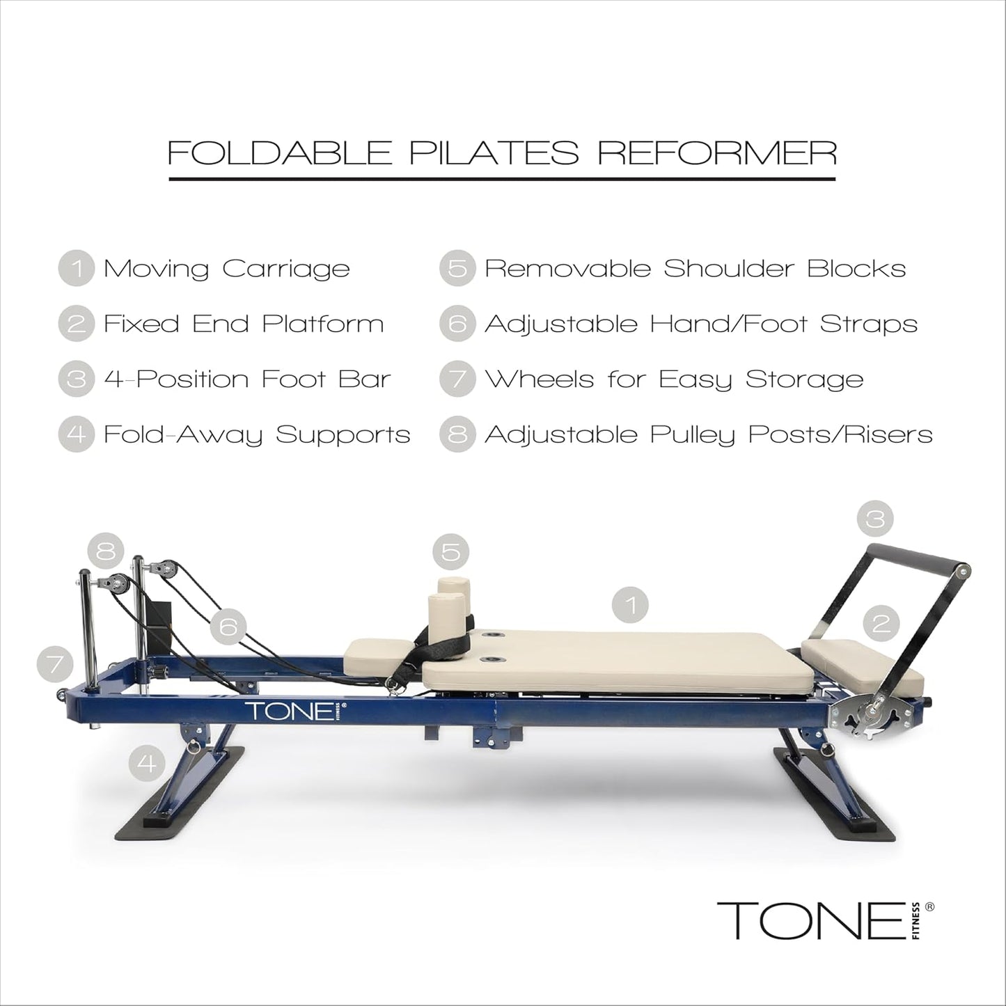 Tone Fitness Foldable Pilates Reformer – Portable Pilates Machine with Adjustable Resistance Bands