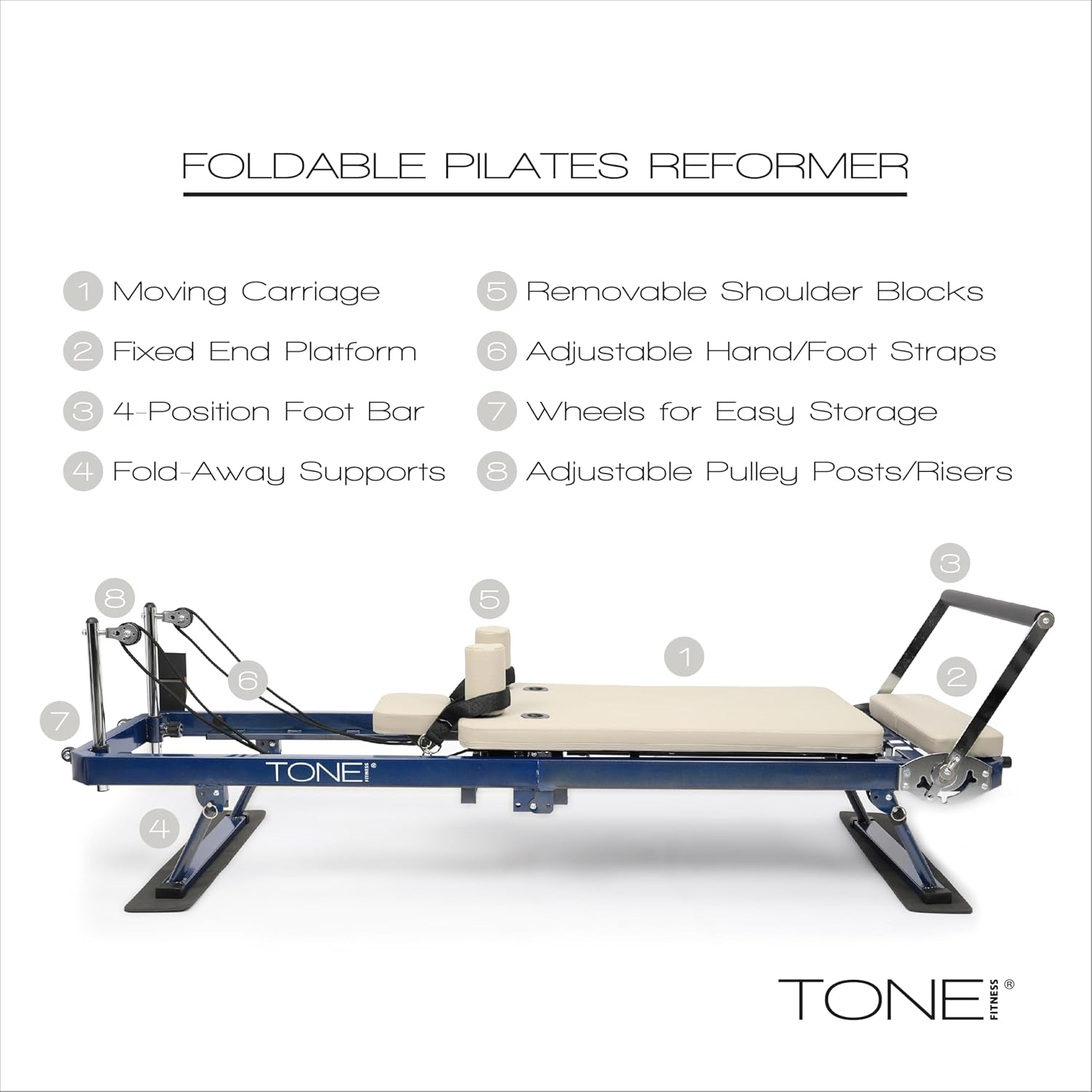 Tone Fitness Foldable Pilates Reformer – Portable Pilates Machine with Adjustable Resistance Bands