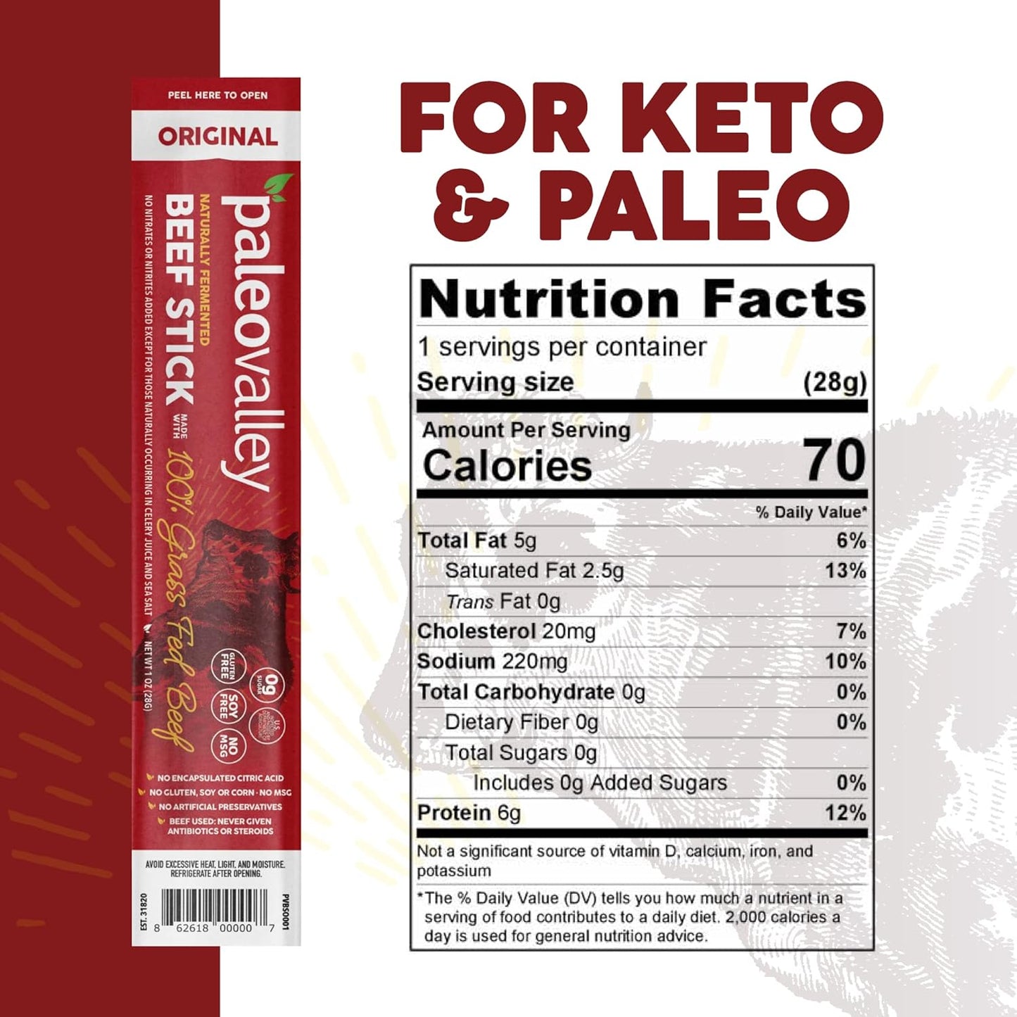 Paleovalley 100% Grass Fed Original Beef Sticks - Delicious Gluten Free Beef Snack