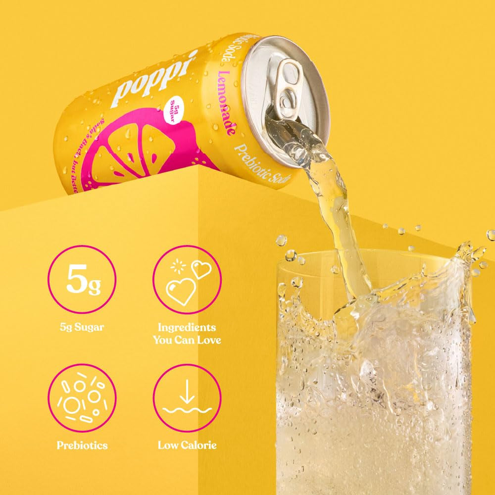 Poppi Prebiotic Soda, Sparkling Water & Fruit Juice, Lemonade, 12 oz, 12 Pack