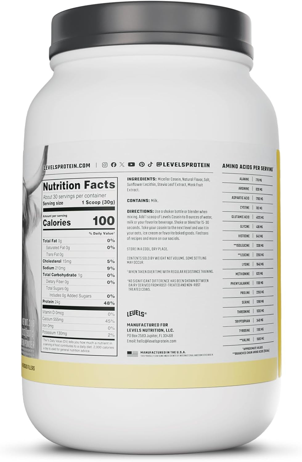 Levels 100% Micellar Casein Protein, Hormone Free, Vanilla Bean, 2LB