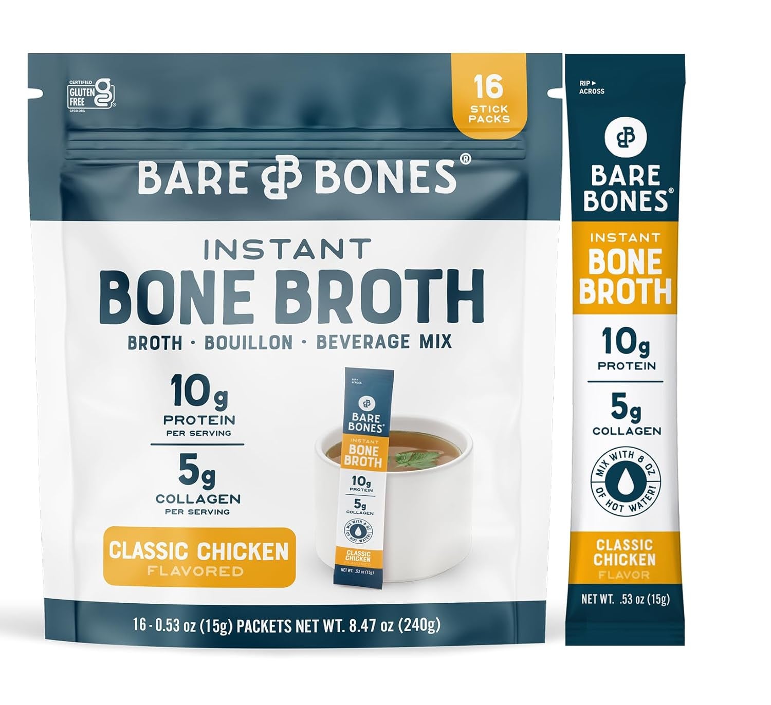 Classic Chicken Bone Broth Instant Powdered Mix Packets | 5G Collagen | 10G Protein | Keto & Paleo Friendly