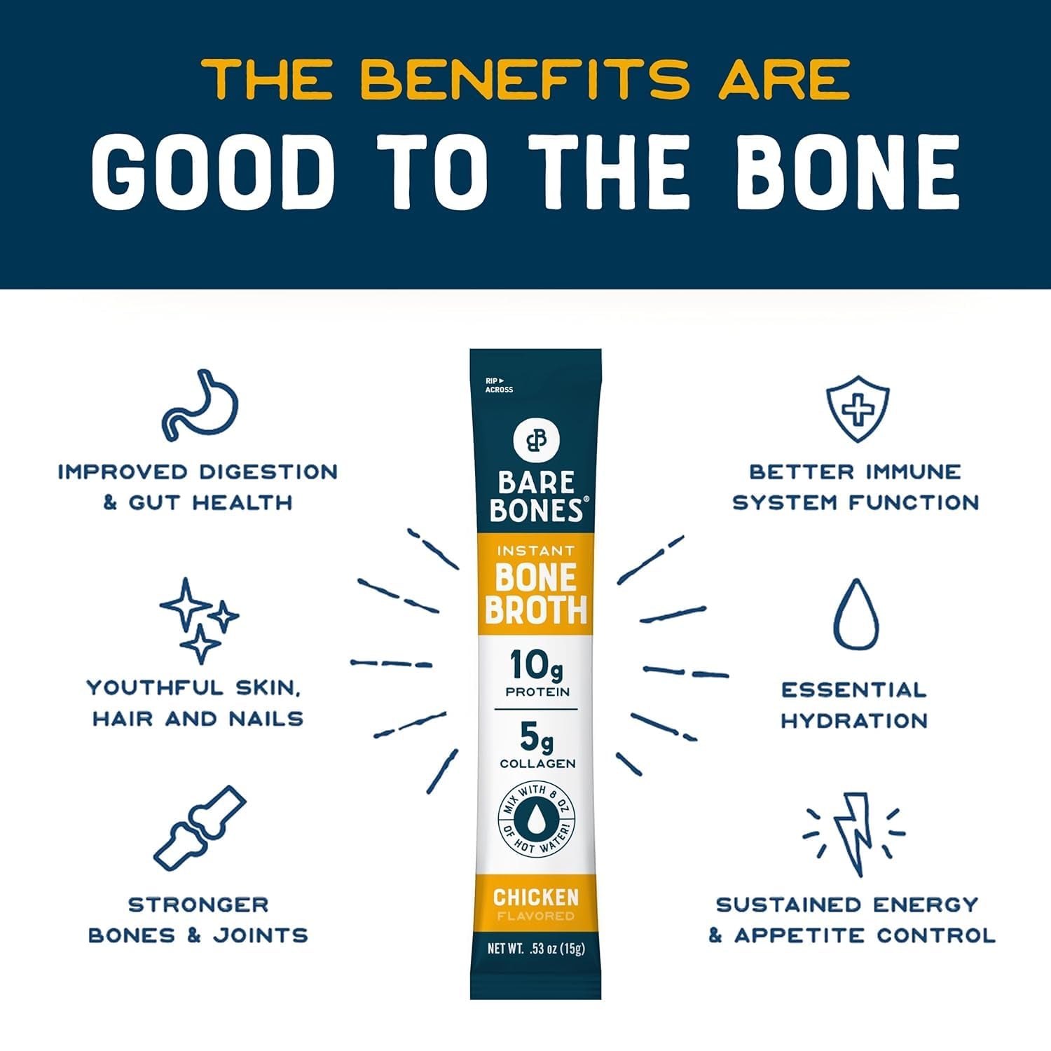 Classic Chicken Bone Broth Instant Powdered Mix Packets | 5G Collagen | 10G Protein | Keto & Paleo Friendly