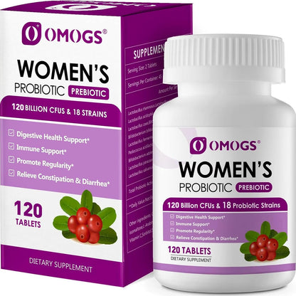 OMOGS Women'S Probiotic, with Cranberry Extract, Organic Prebiotics & Vitamin C, 120 Billion Cfus,18 Strains, Help for Boost Immune, Digestive, Gut Health & Women'S Health,120 Tablets