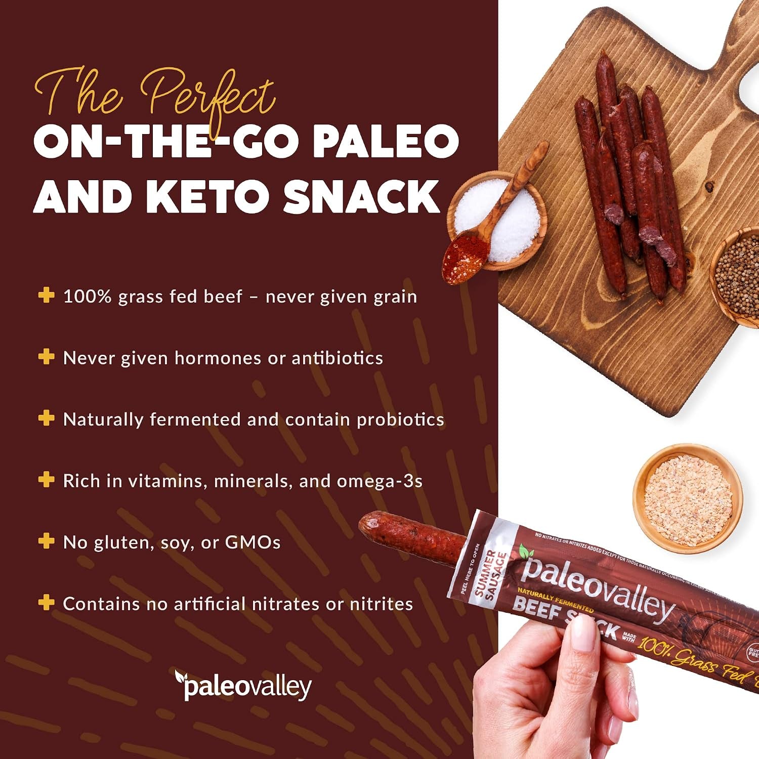 Paleovalley 100% Grass Fed Summer Sausage Beef Sticks - Delicious Gluten Free Beef Snack