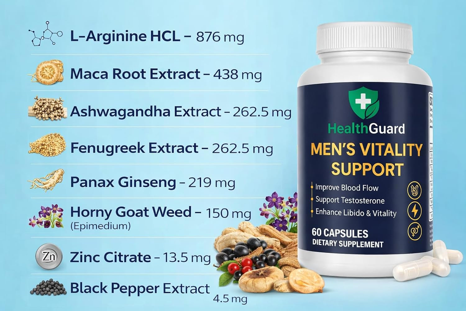 Healthguard Men’s Vitality Support – Horny Goat Weed, Maca, Fenugreek & L-Arginine