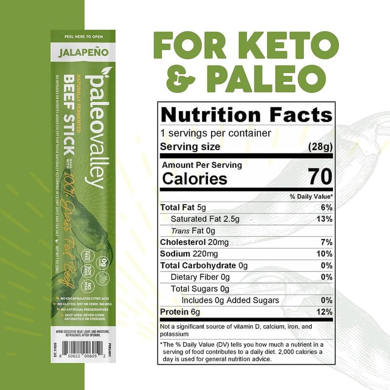 Paleovalley 100% Grass Fed Jalapeno Beef Sticks - Delicious Gluten Free Beef Snack