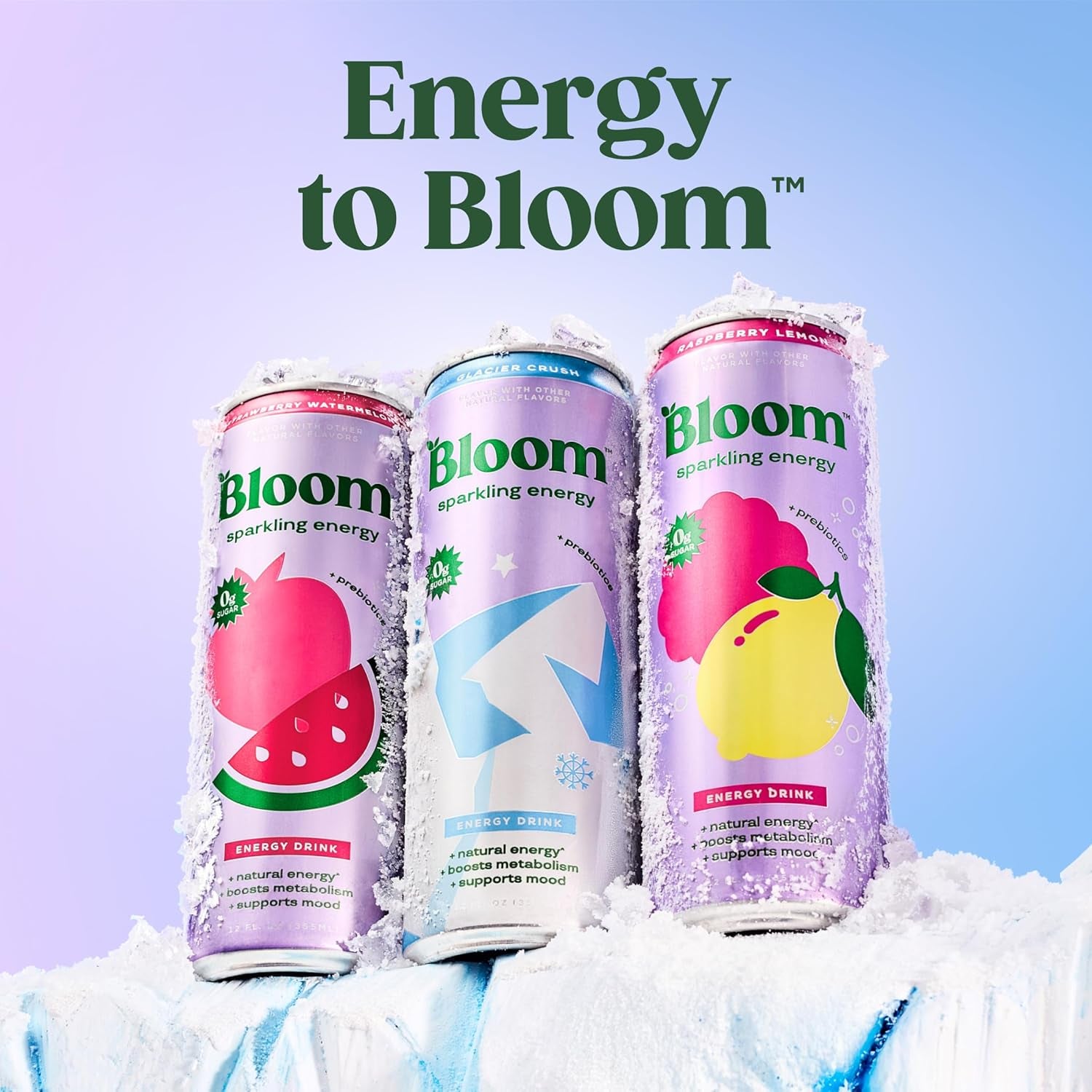 Bloom Nutrition Sparkling Energy Drink - Natural Caffeine, Zero Sugar, 180Mg - Antioxidant-Rich with Green Coffee Bean, Green Tea Extract, Prebiotics - Glacier Crush - 12Oz 12 Pack
