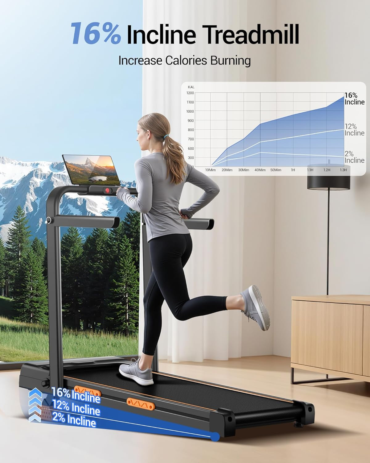 CURSOR FITNESS 16% Incline Walking Pad Treadmills for Home