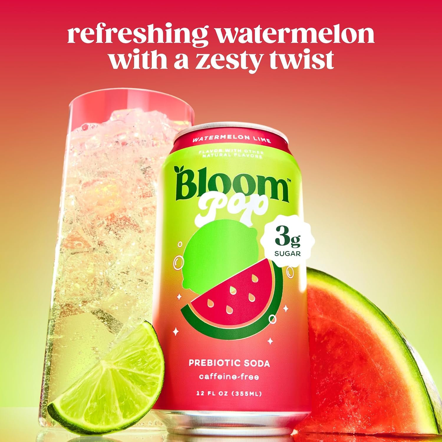 Bloom Pop Prebiotic Soda 12 Pack, Watermelon Lime Flavor, 12oz Cans