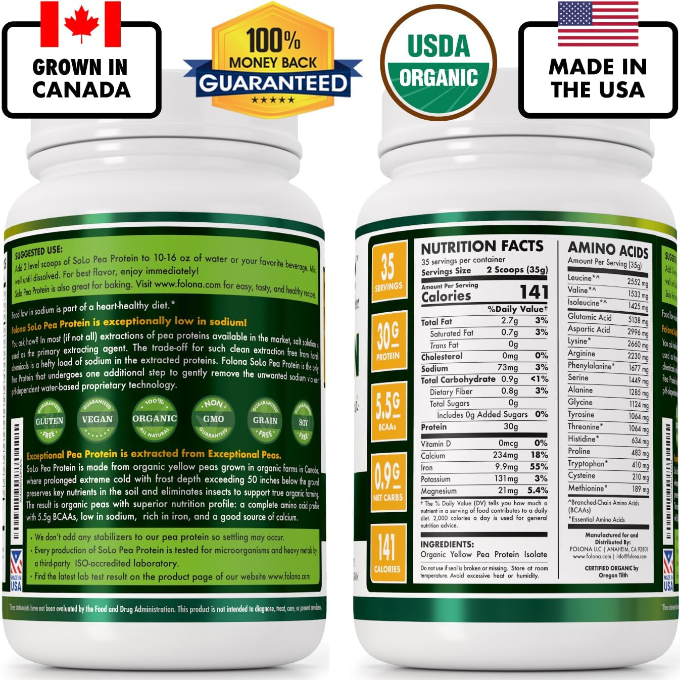 SOLO Organic Pea Protein Isolate, Unflavored Plant Based Protein Powder with BCAA