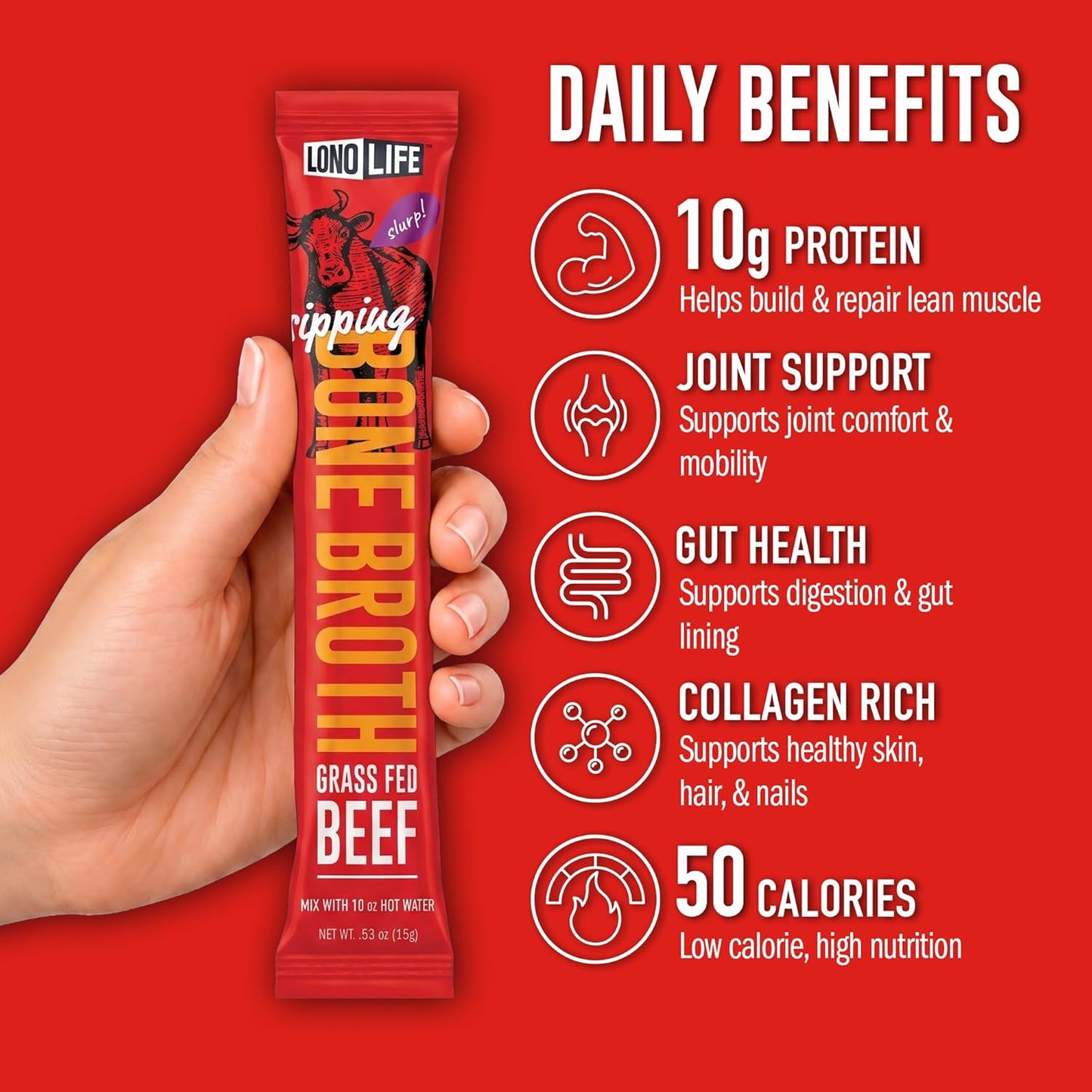 LonoLife Beef Bone Broth Powder Mix | 10 Portable Stick Pack Servings
