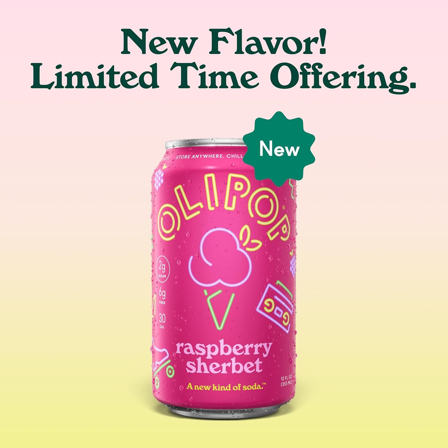 OLIPOP Prebiotic Soda Pop, Raspberry Sherbet (12-Cans)