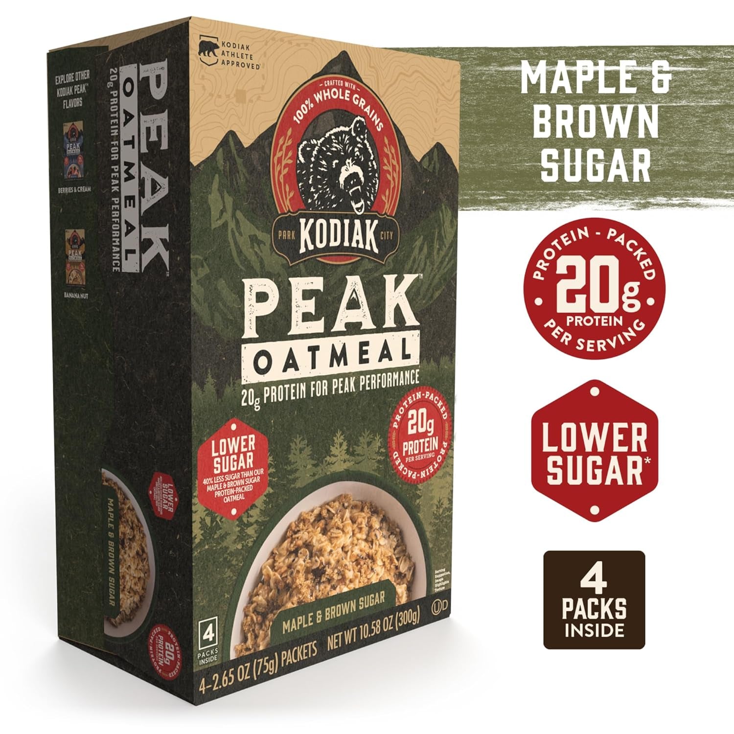Kodiak Peak Instant Oatmeal Packets, Maple Brown Sugar, High Protein (Total of 24 Packets)