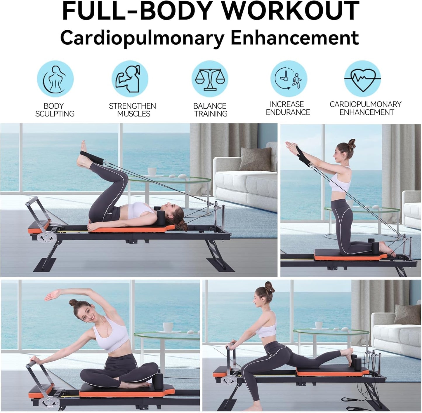 Pilates Reformer, Foldable Pilates Machine & Equipment for Home Use and Gym Workout, Suitable for Advanced and Beginners Users, up to 250 Lbs Weight Capacity