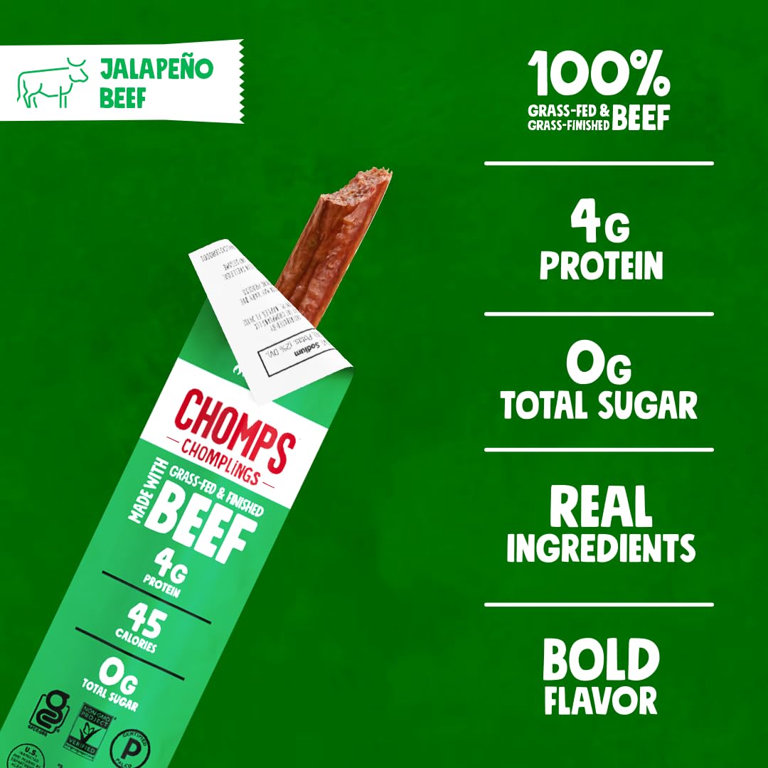 Chomps Snack Size Grass-Fed and Finished Jalapeño Beef Jerky Snack Sticks 0.5oz 24-Pack