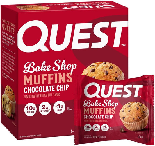 Quest Nutrition Chocolate Chip Muffin, 10G Protein, 2G Net Carb, Less than 1G Sugar, Protein Snack, 4 Count