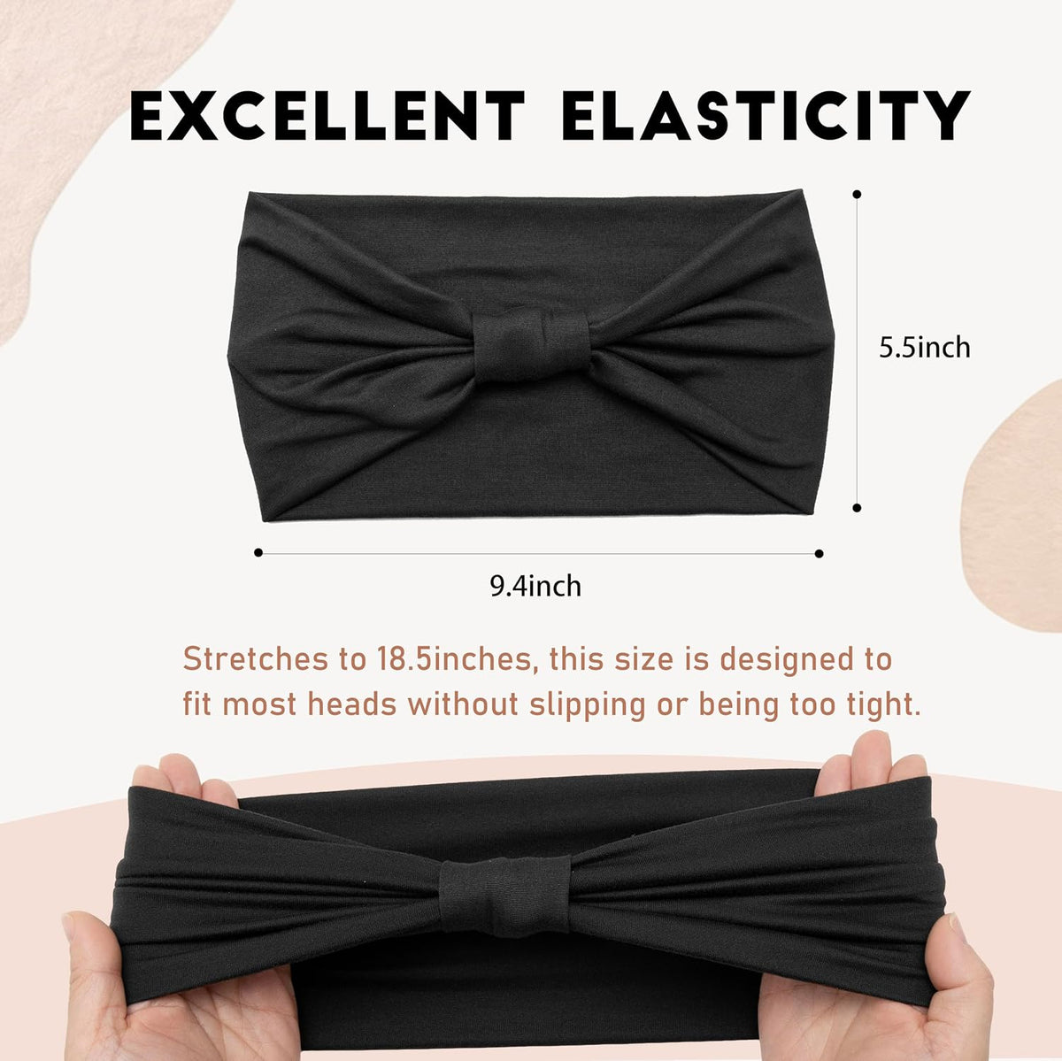 2 Pack Black Wide Headbands for Women - Thick Stretchy Non Slip Fabric Sweat Bands, Soft Hair Bands for Workout, Running, Spa, Makeup & Washing Face