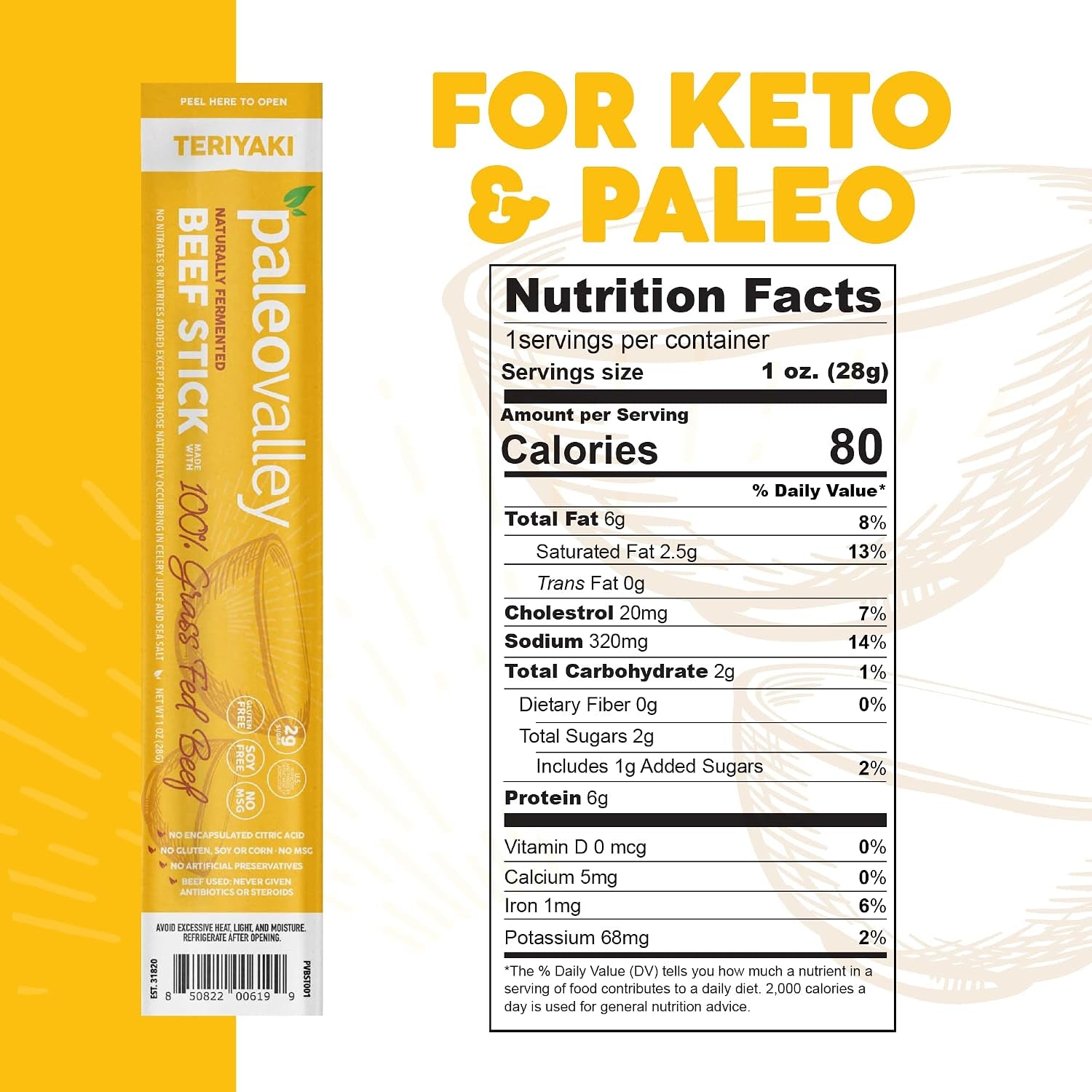 Paleovalley 100% Grass Fed Teriyaki Beef Sticks - Delicious Gluten Free Beef Snack