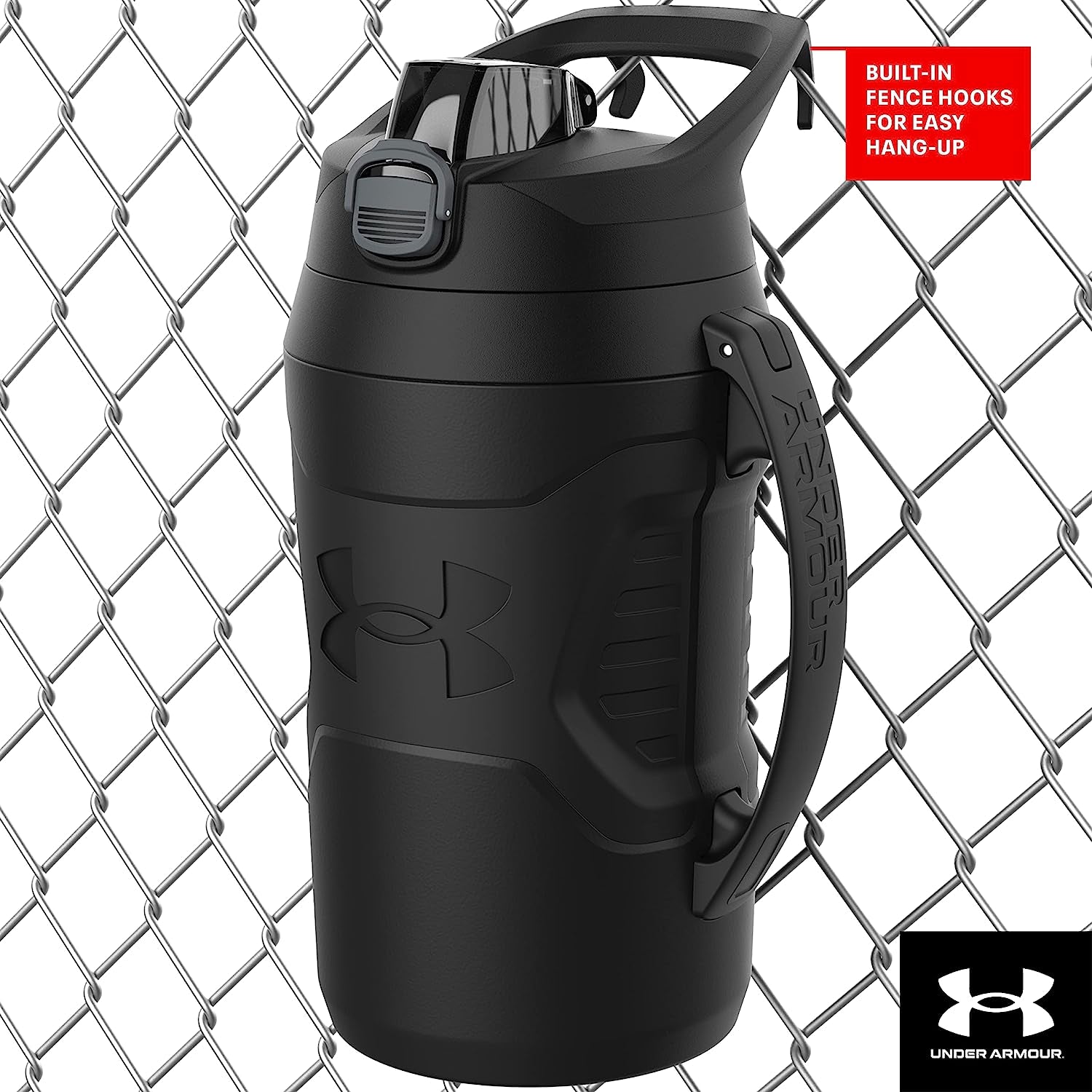Half Gallon Water Bottle Insulated, 64Oz Insulated Water Bottle with Handle, Fence Hook, Leak Resistant, for Baseball, Football & More - Black/Black