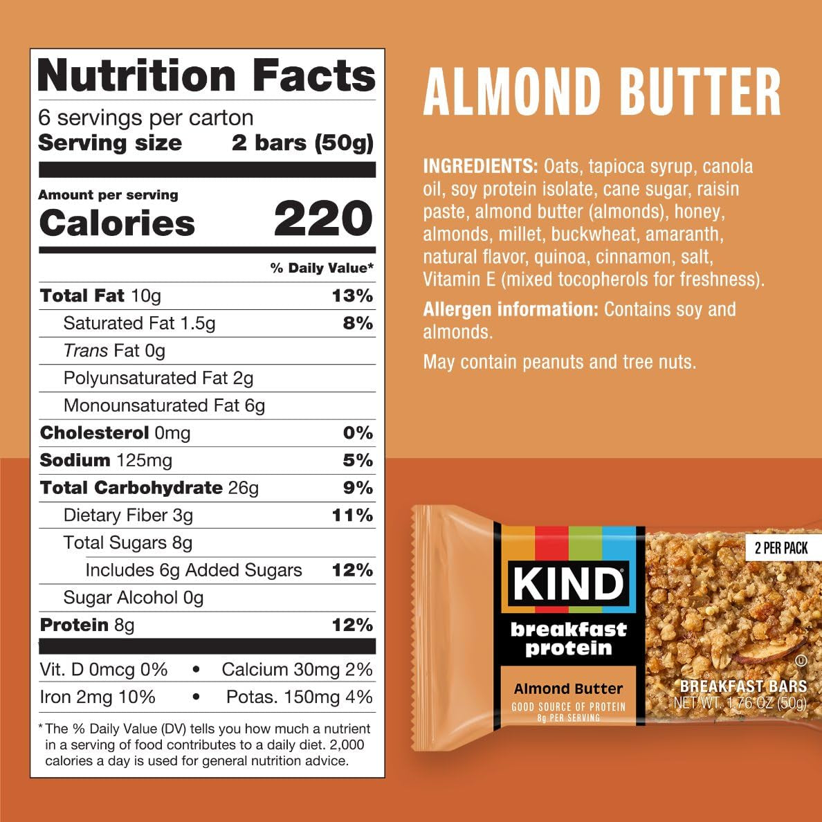 KIND Breakfast Protein Bars, Almond Butter, 8G Protein, 6 Count