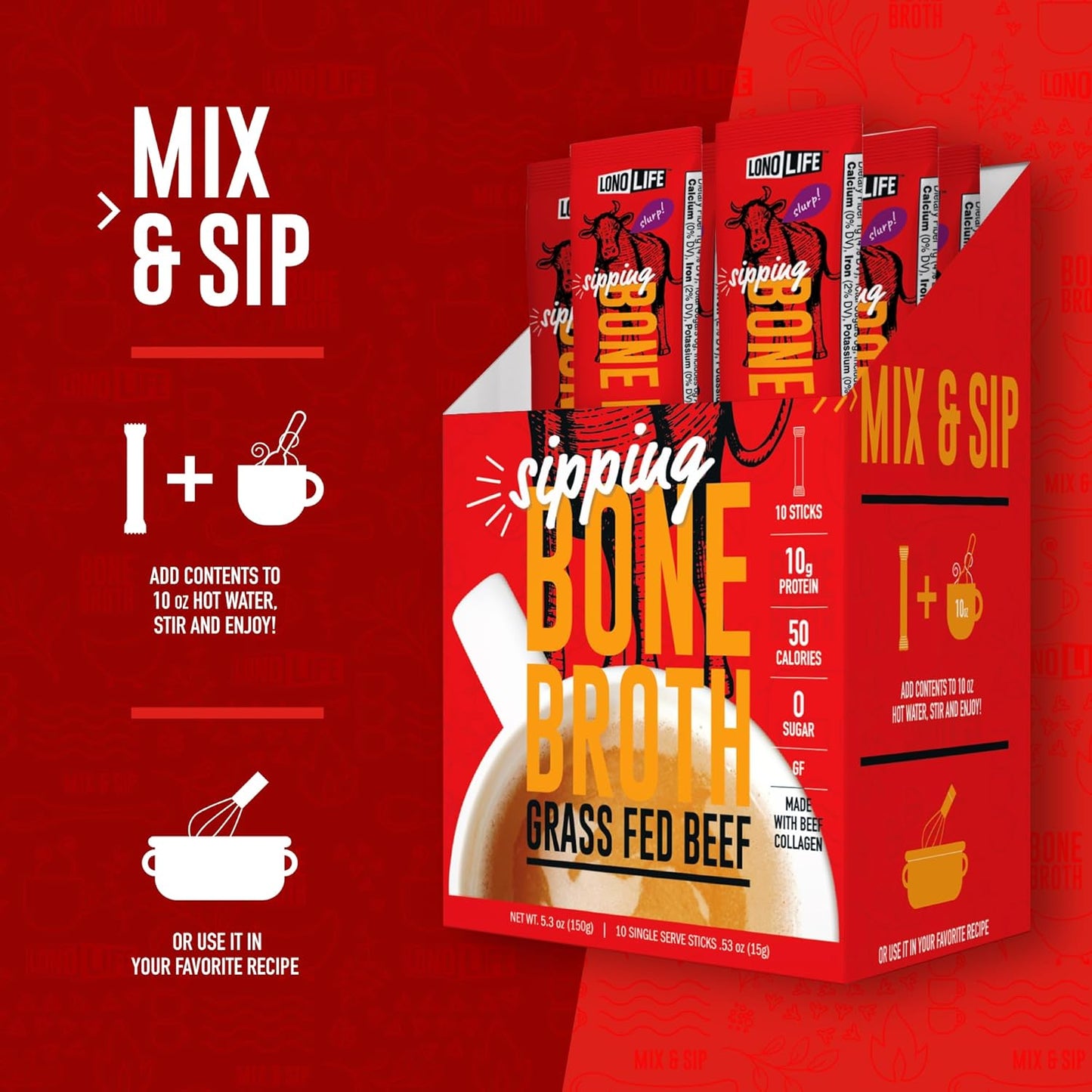 LonoLife Beef Bone Broth Powder Mix | 10 Portable Stick Pack Servings