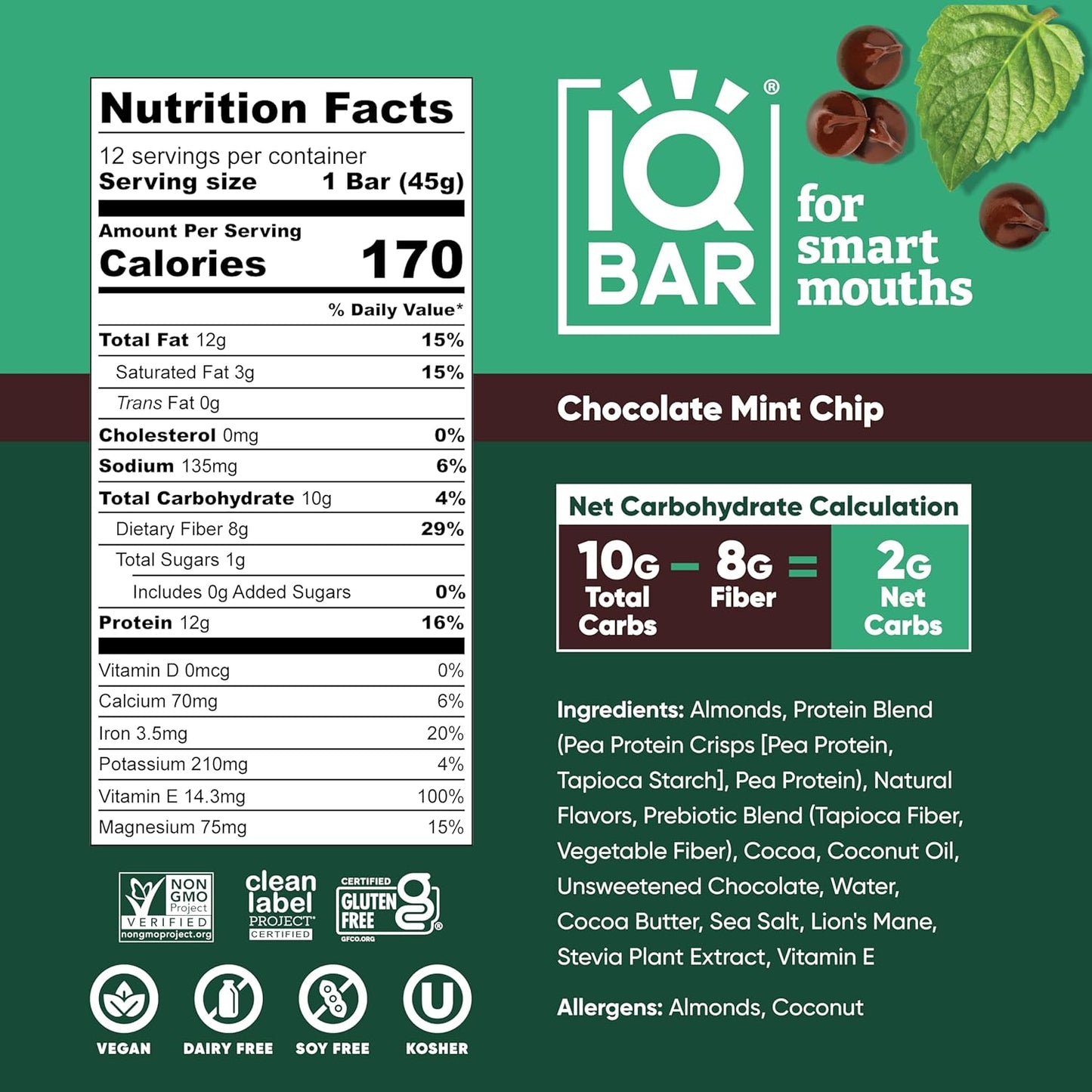 IQBAR Clean Plant Protein Bars - Chocolate Mint Chip - 12 Count