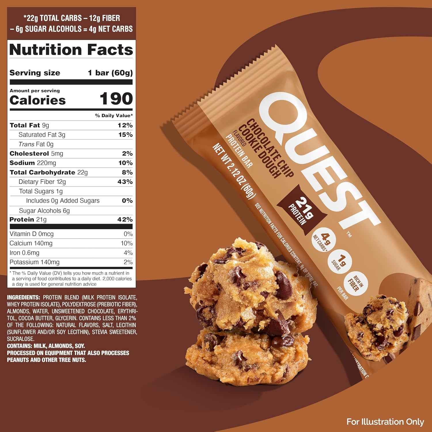 Quest Nutrition Chocolate Chip Cookie Dough Protein Bars, 20G Protein, 12 Count